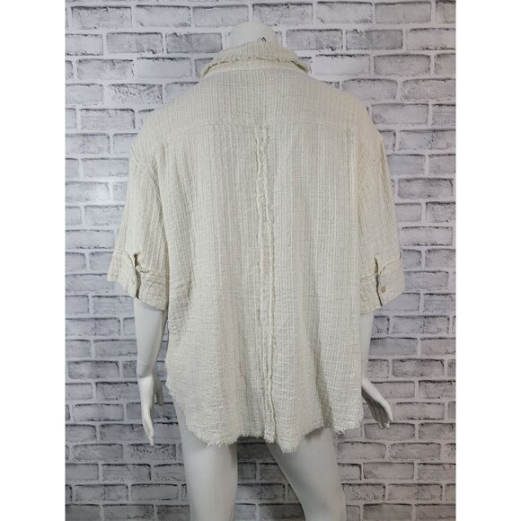 NWT Miou Muse Oversized Gauze Frayed Hem Button Down Ivory Shirt Size Large - Picture 3 of 7